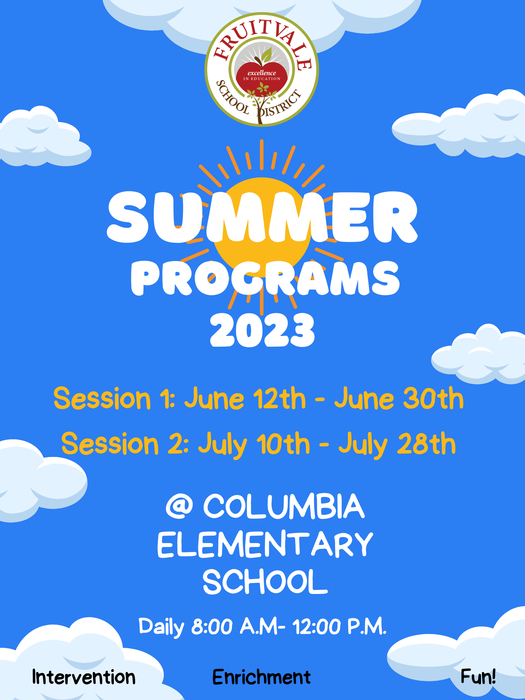Summer Programs: Session one will be from June 12 to June 30. Session two will be from July 10 to July 28. Summer school session is daily from 8:00AM to 12:00 PM with opportunity for extended care. Registration posts were sent out via Parent Square.